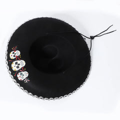 Chapeau mexicain unisexe pour adultes et enfants, motif de crâne tressé métallique, chapeau noir à large bord pour l'été, chapeau de soleil en plein air, accessoire de Cosplay d'halloween