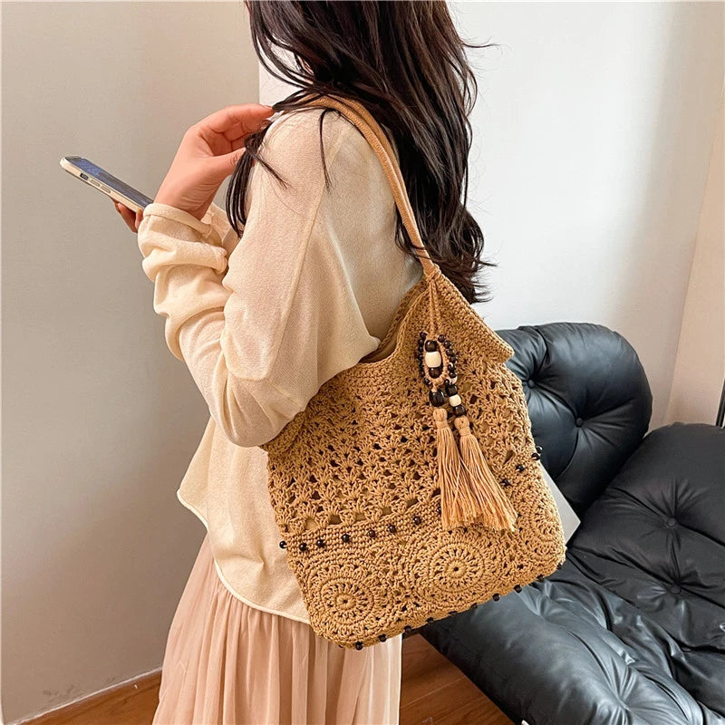 Sac à main tissé de grande capacité, sac à bandoulière ajouré, fourre-tout en Crochet, fourre-tout bohème tissé pour femmes, sacs de Shopping tricotés
