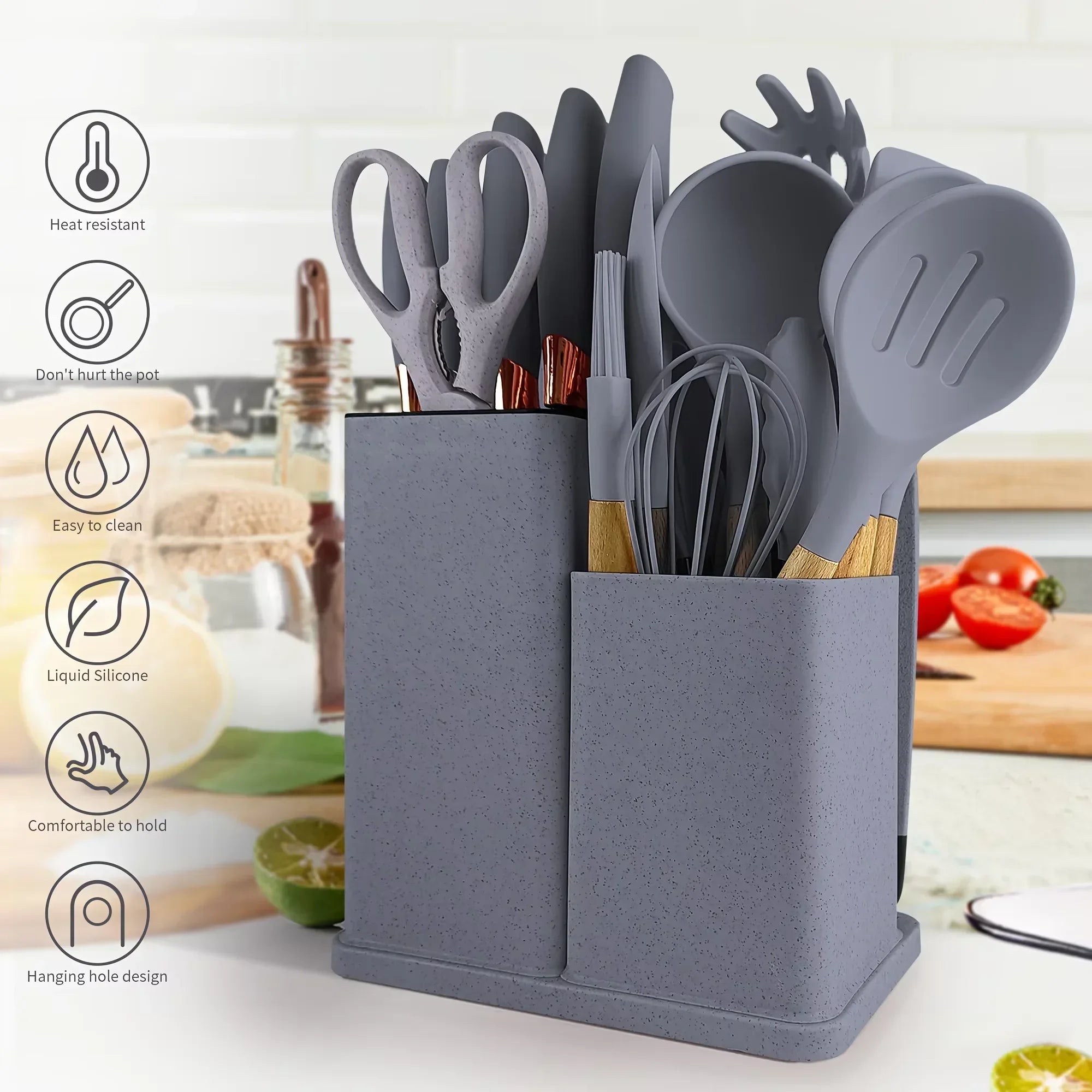 Ensemble d'ustensiles de cuisine antiadhésifs en Silicone, 19 pièces, avec couteaux, outils résistants à la chaleur dans un rangement en bambou, parfait pour la cuisine