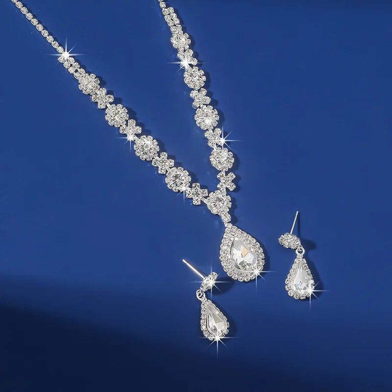 Ensemble de Bijoux Élégants en Forme de Goutte d'Eau pour Femme, Pendentif en Strass, Collier, Boucles d'Oreilles, pour Robe de Mariée, Patients, 2 Pièces/Ensemble