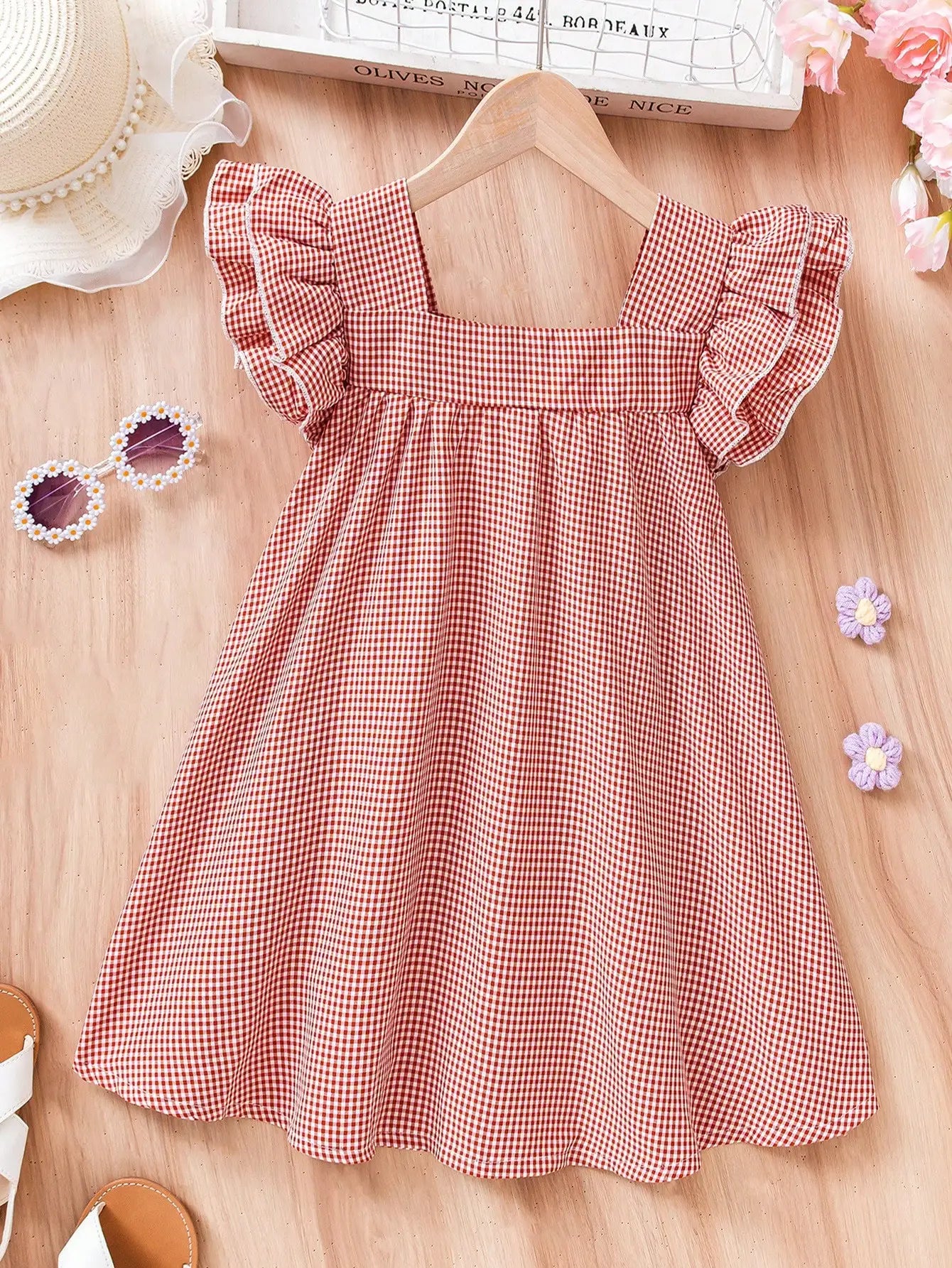 Robe fille vichy rouge et blanc avec manches flottantes et accents floraux – Parfaite pour les vacances/extérieur, âge 4-7, printemps/été