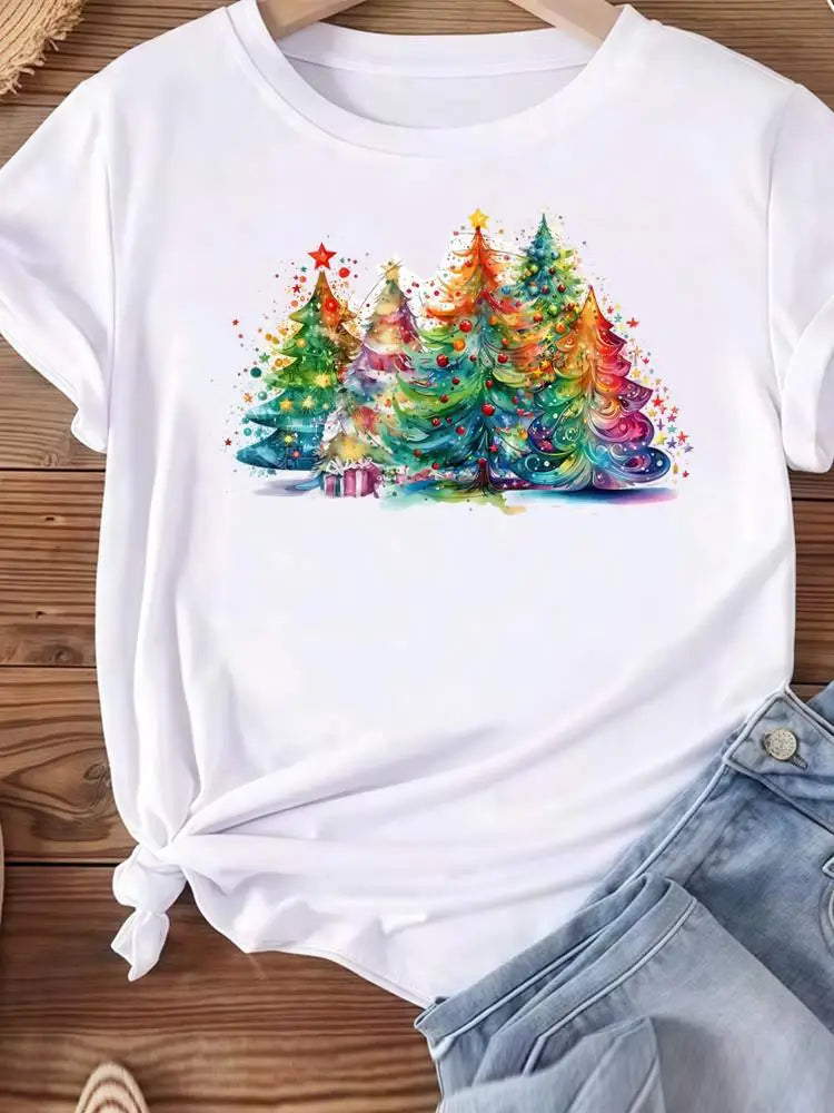 Vêtements de noël vacances imprimé mode nouvel an femmes T-shirts aquarelle arbre mignon haut joyeux T-shirts vêtements graphiques T-shirts