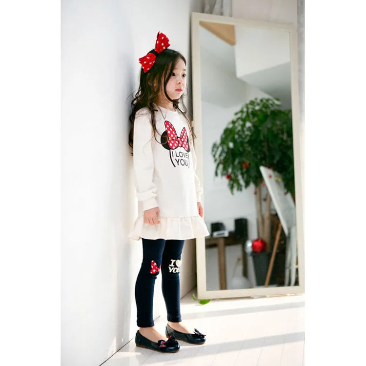 Ensemble de vêtements pour enfants printemps-automne, chemise + Leggings en coton à manches longues avec nœud papillon de dessin animé, costume 2 pièces pour filles de 3 à 8 ans, tenue décontractée