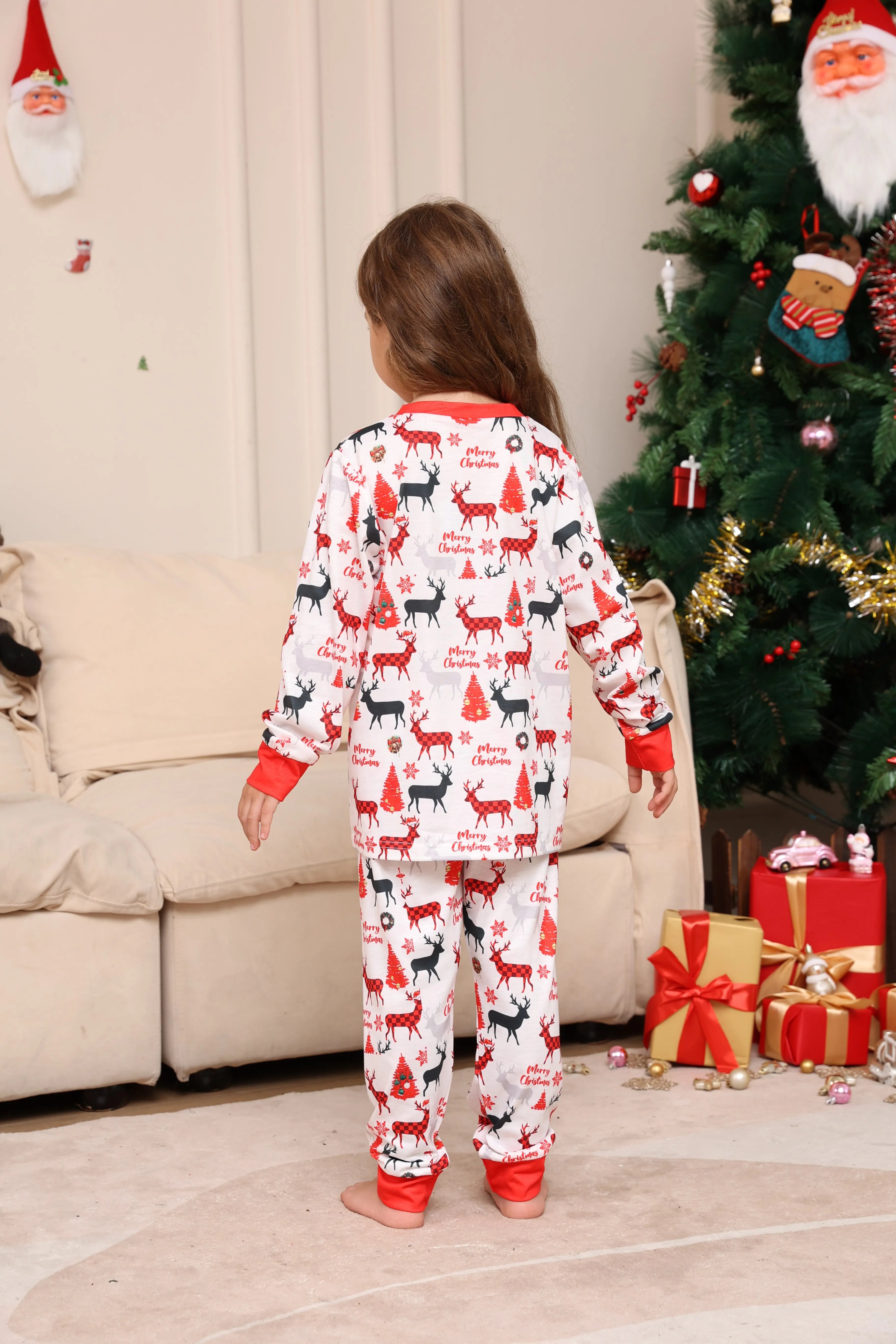 Ensemble pyjama de Noël pour enfants – Pyjama assorti rouge blanc à imprimé partout avec renne, arbre, « Joyeux Noël »