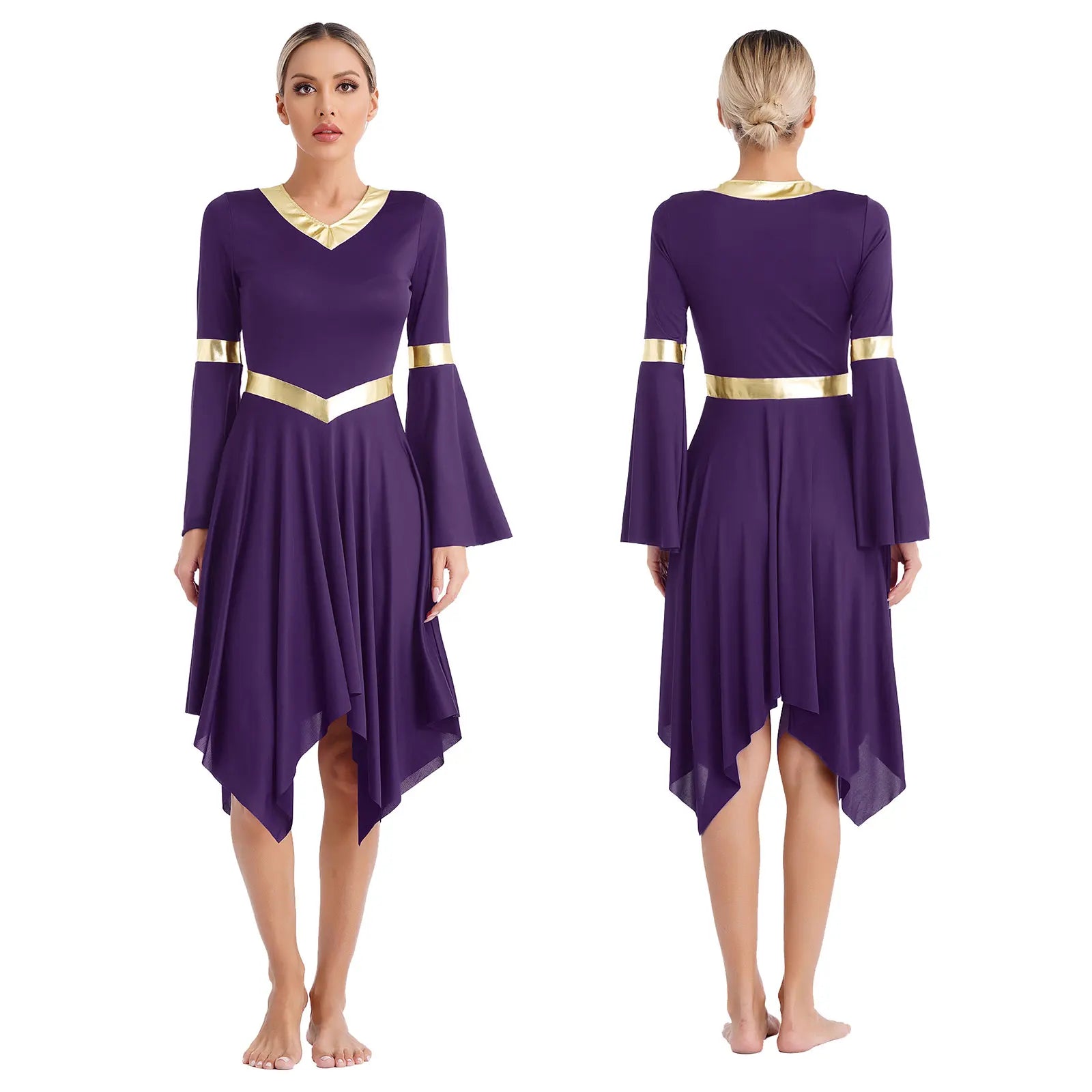 Robe de danse lyrique à manches longues pour femmes, robe à ourlet irrégulier, costume de spectacle liturgique, vêtements de danse modernes, culte de la chorale d'église