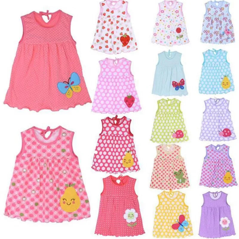 Summer dresses for baby girls, in cotton, sleeveless, printed + embroidered