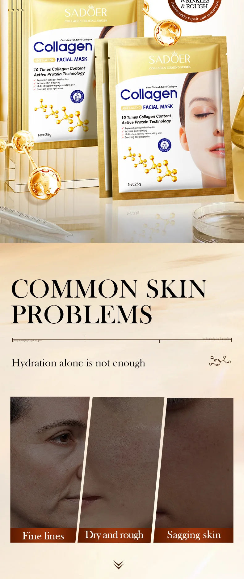 Masque Facial Anti-rides au collagène Bio, Anti-vieillissement, estompe les ridules, raffermissant, hydratant en profondeur, éclaircissant, réparation, soins pour la peau