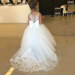 White lace bridesmaid dress for girls, with large floral bow, children's ball gown, wedding party dress, pageant dress, first communion dress
