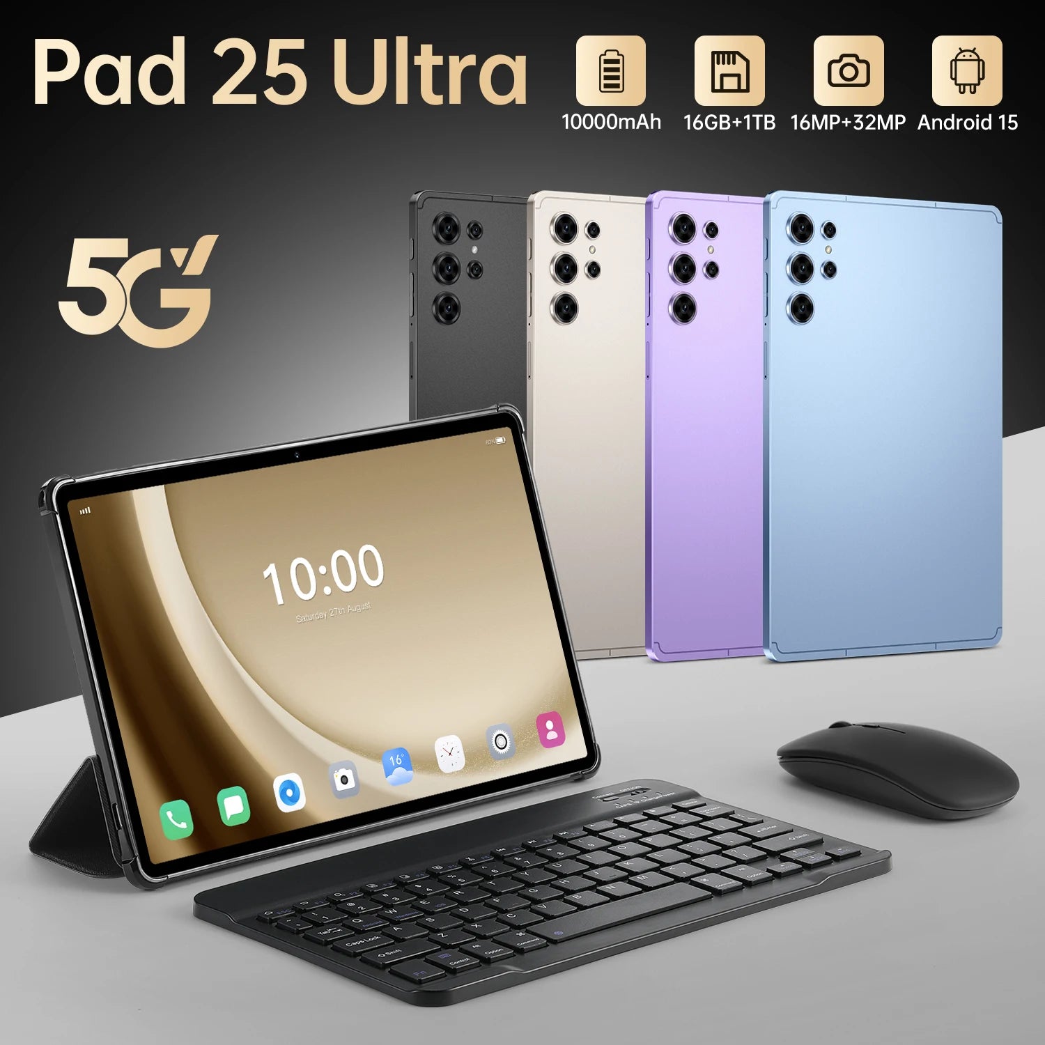 HOT Pad 25 Ultra tablette Android 15 système MSnapdragon 8 Gen3 Core 10.1 pouces écran HD 5G double SIM double veille 10000mAh batterie