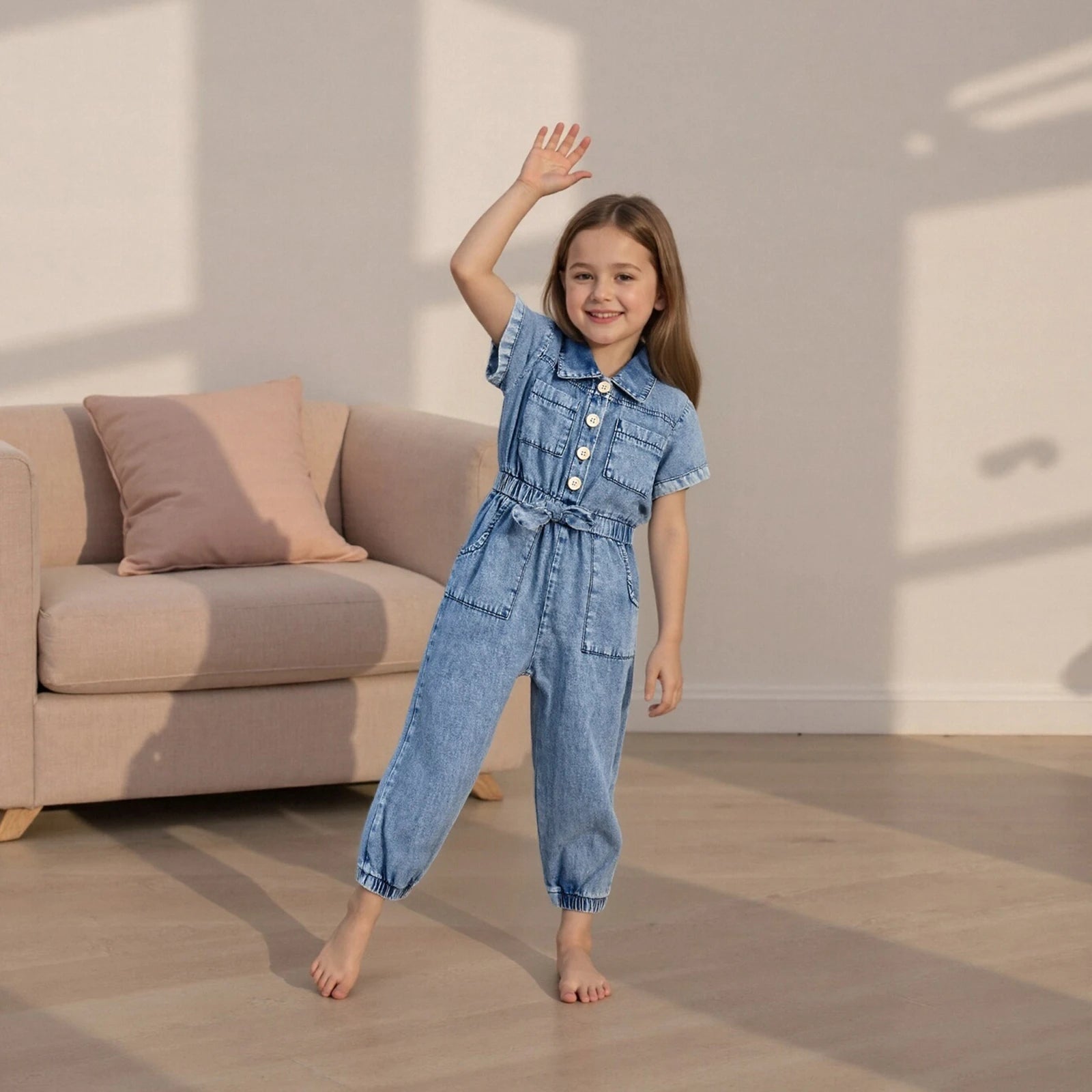 Barboteuse en jean pour petites filles, manches courtes, revers boutonné, combinaison pleine longueur avec poches