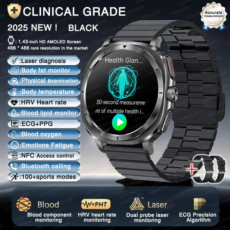 Montre connectée pour hommes, nouveau niveau Expert, santé, ECG + PPG, moniteur Laser, acide urique, graisse sanguine, pression artérielle, NFC, appel HD, 2025