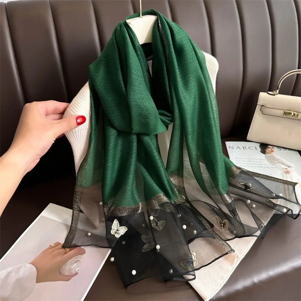 Grand Foulard Fin et Élégant avec Broderie Papillon, Châle Hijab de Luxe pour Femme