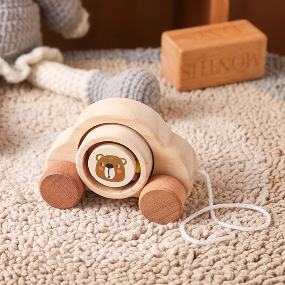 Jouets Montessori en bois pour bébé, 1 pièce, anneau de dentition de Bus de dessin animé, ours en bois de hêtre, voiture pour enfants, jouets éducatifs Montessori, cadeau