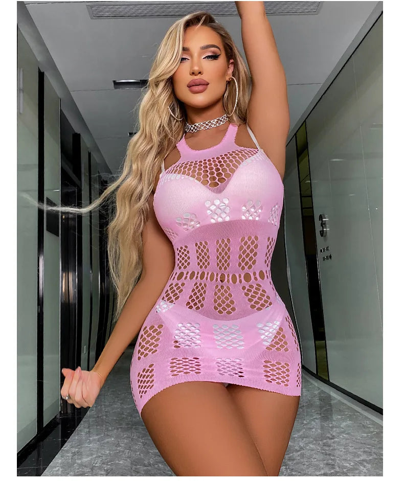 Sexy femmes résille licou robe dos nu coupe basse serré crayon robe mignonne grande taille Mini robe boîte de nuit robe de danse Beatchwear