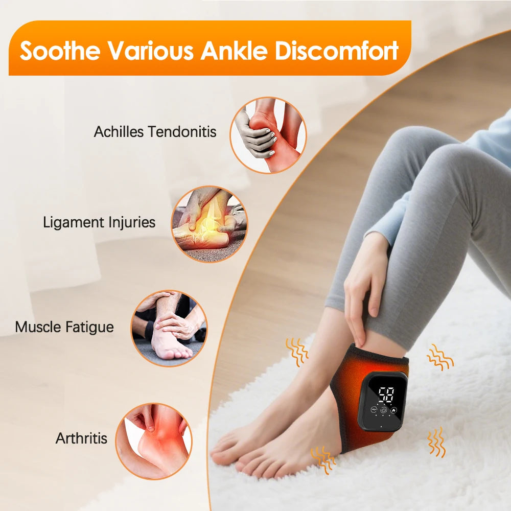 Electric ankle protector with 3 heating levels, hot compress, vibration massage, cordless foot massager, ankle joint protection, and heating strap.