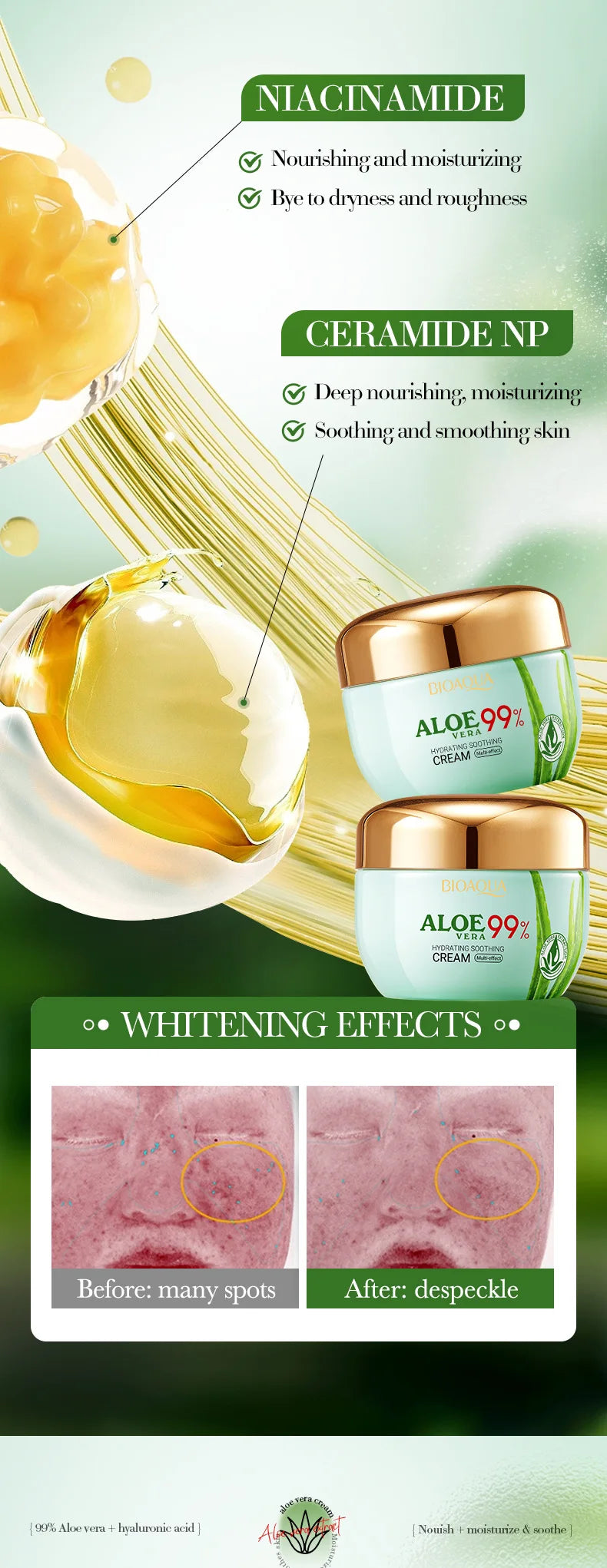 2 pièces/kit BIOAQUA Aloe Vera ensembles de soins de la peau crème pour les yeux du visage hydratant raffermissant crèmes à l'aloe vera ensemble de soins de la peau du visage