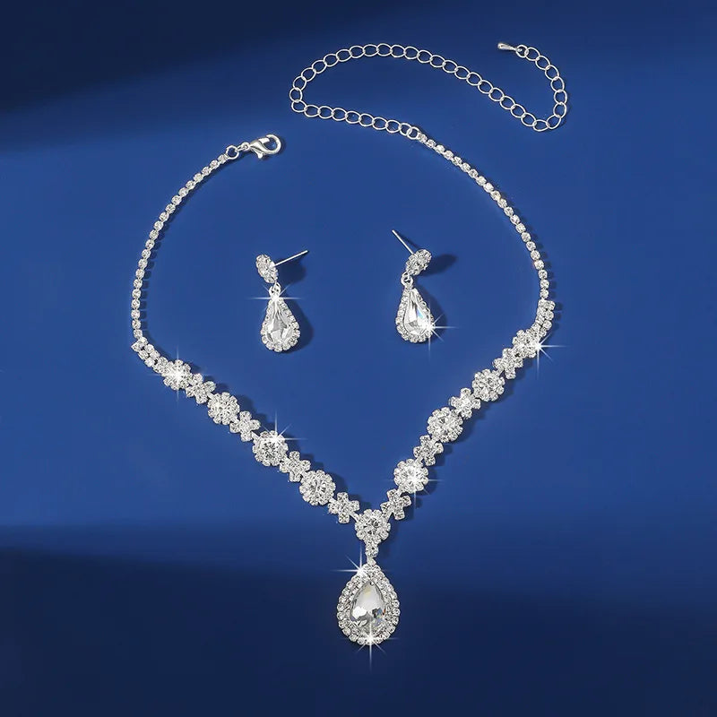 Ensemble de Bijoux Élégants en Forme de Goutte d'Eau pour Femme, Pendentif en Strass, Collier, Boucles d'Oreilles, pour Robe de Mariée, Patients, 2 Pièces/Ensemble