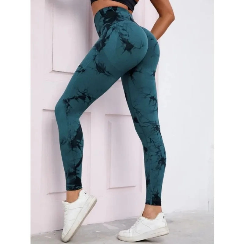 Leggings taille haute sans couture pour femmes, teinture par nouage, Fitness, sport, course à pied, pantalons de Yoga, levage des hanches, collants tricotés élastiques