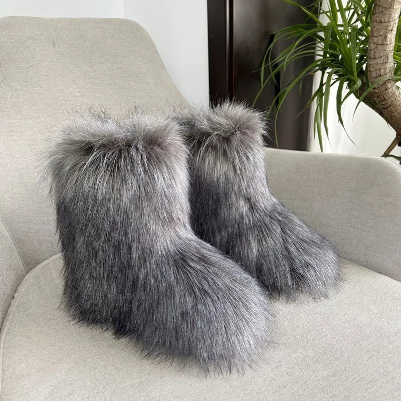Nouveau Hiver fourrure une pièce fourrure de raton laveur femme bottes de neige chaussures de fourrure en plein air mi jambe bottes