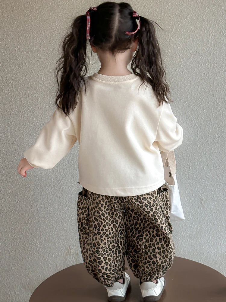 Ensemble de vêtements d'automne pour filles, sweat-shirt, pull Hello Kitty, haut et pantalon imprimé léopard, costume 2 pièces, tenue de survêtement mignonne pour enfants