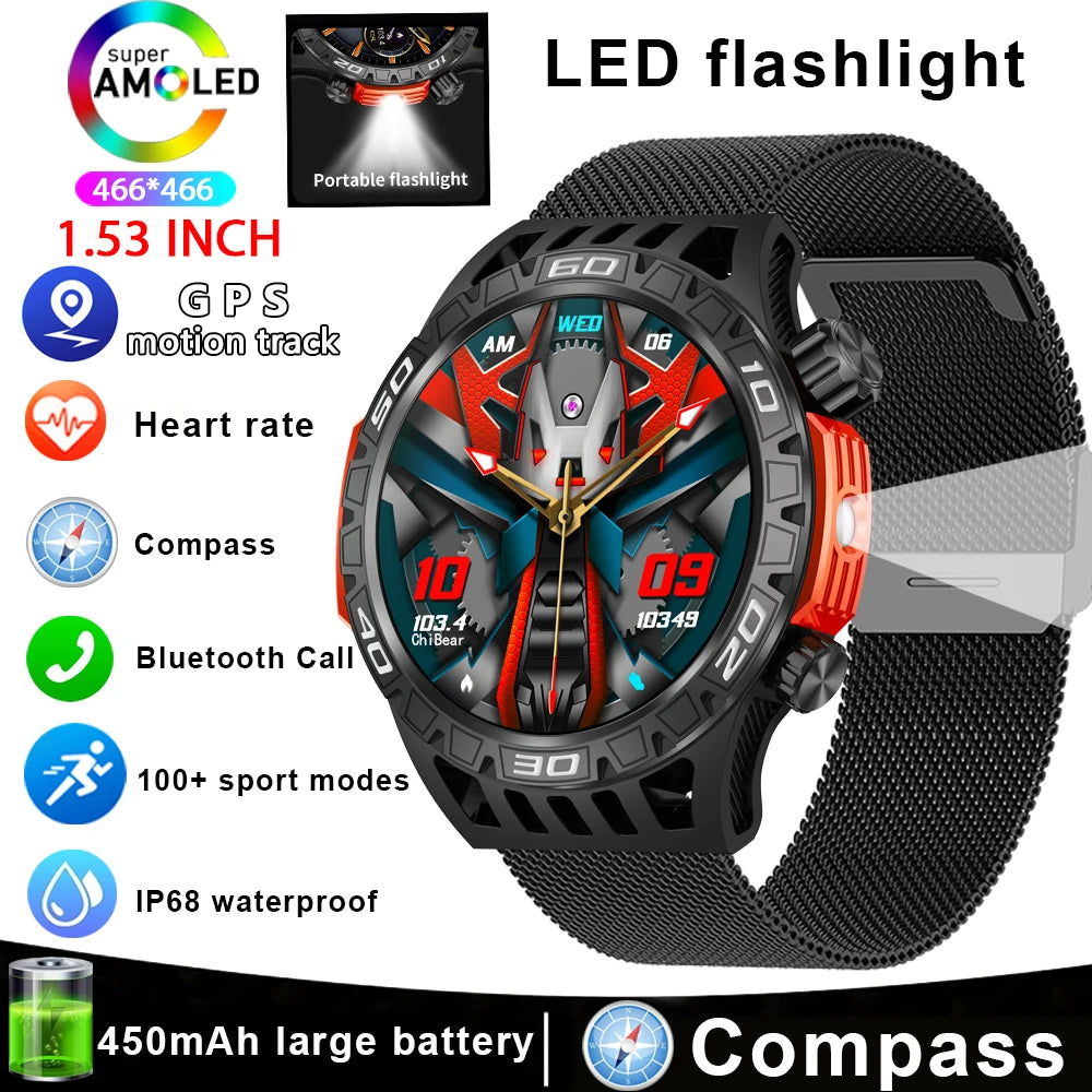 Montre intelligente étanche avec éclairage LED pour homme, boussole, tracker de fitness sportif, IP68, Bluetooth, conversation, Android, iOS