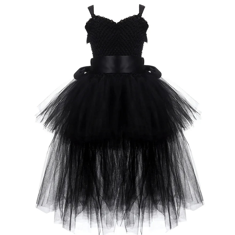 Girls Pink Black Tutu Dress V-Neck Train Girl Evening Birthday Party Tulle Dresses Girl Ball Gown Kids Halloween Costumes