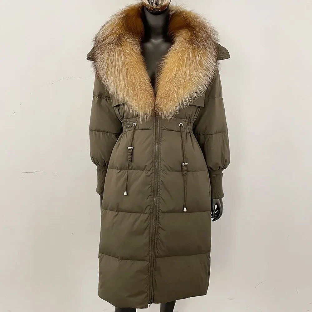Doudoune longue avec col en fourrure pour femme, pardessus en fourrure de renard, longueur aux genoux, à la mode, chaude, cintrée à la taille, vêtements d'extérieur amincissants