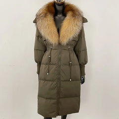 Doudoune longue avec col en fourrure pour femme, pardessus en fourrure de renard, longueur aux genoux, à la mode, chaude, cintrée à la taille, vêtements d'extérieur amincissants