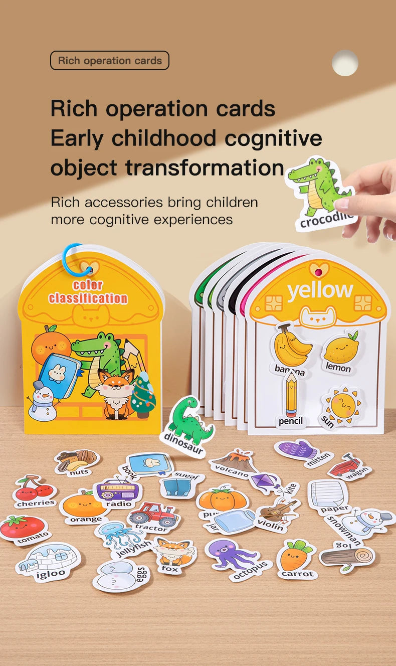 Livre silencieux pour bébés, jouet éducatif, apprentissage précoce, reconnaissance des couleurs avec Velcro, bâton réutilisable, Pages de pelage, jeu interactif