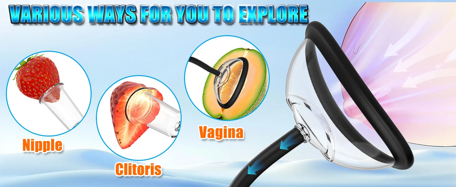 Electric BDSM suction pump for women, vibrating pussy pump, vacuum suction toy, vaginal sex pump, 7 suction cups, clitoral and nipple suction cup.