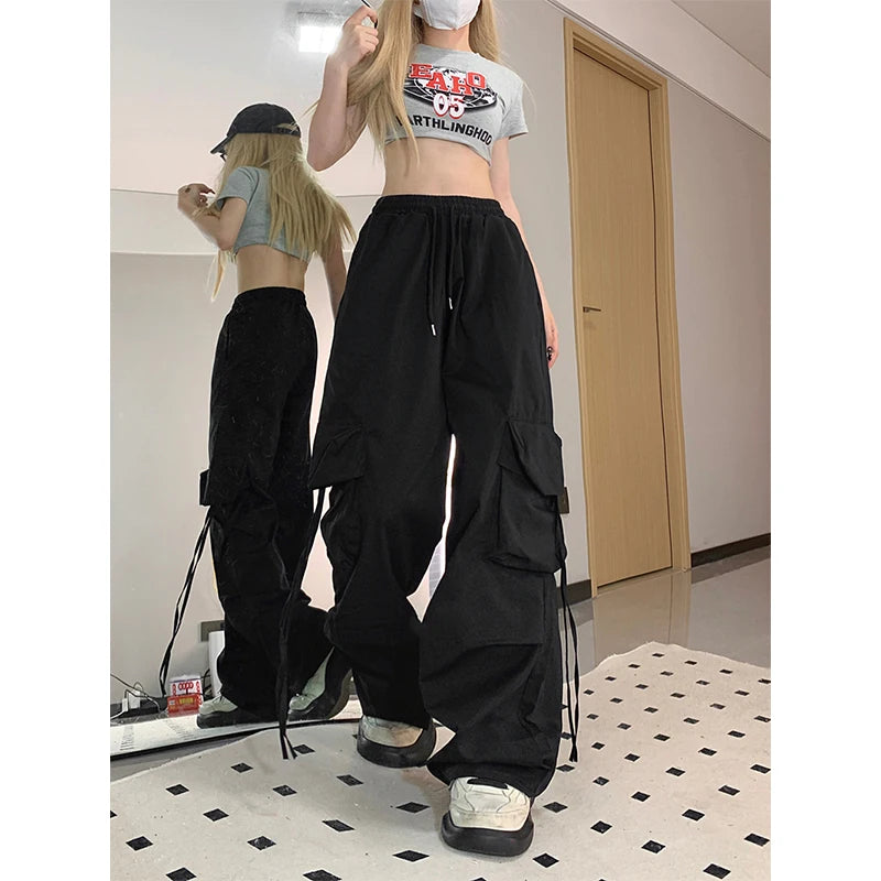 Y2K Cargo pantalon femmes Streetwear surdimensionné jambe large pantalons de survêtement Harajuku grandes poches Joggers Bf taille haute Baggy sport pantalon