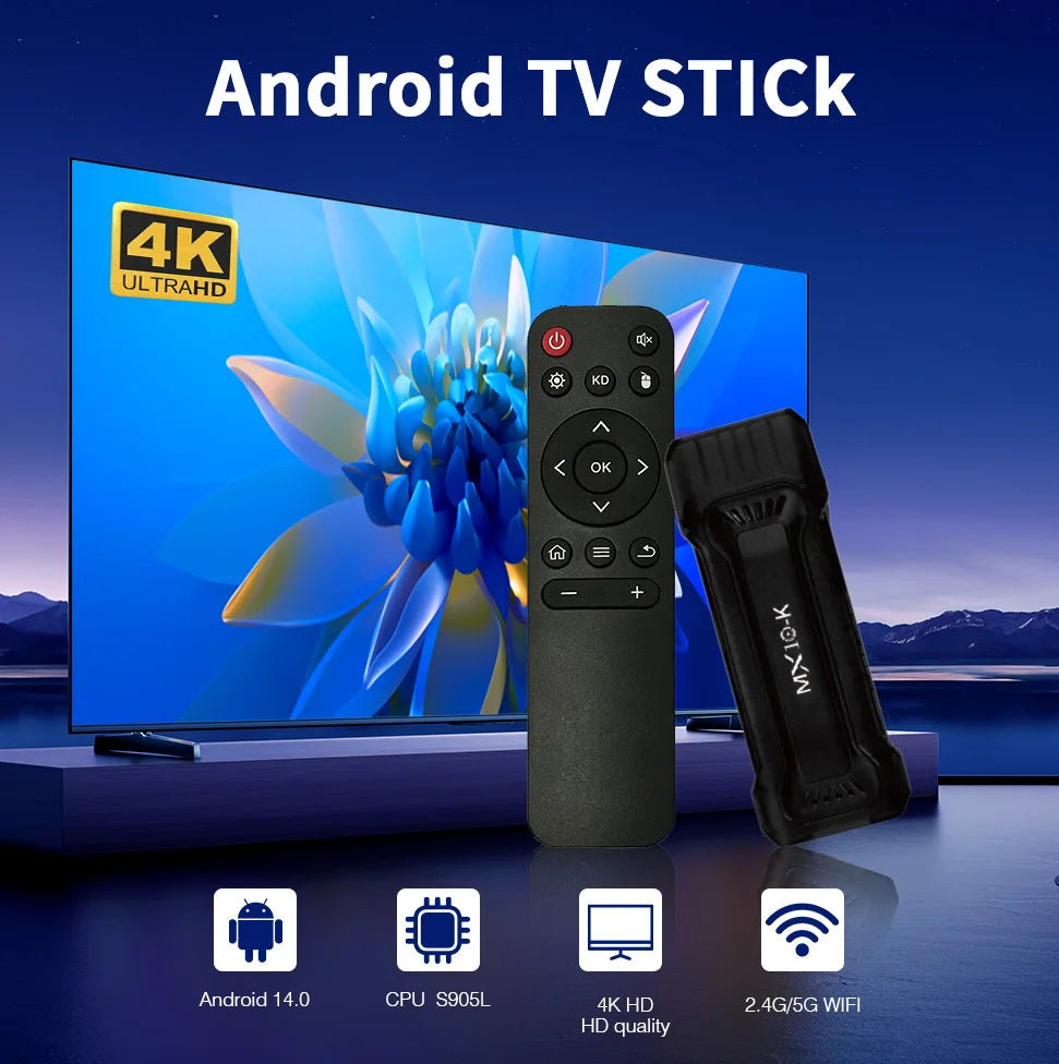 4K Stick TV MX10-K 4GB OS 10 Smart ATV BT5.0 lecteur multimédia HDMI 1.4 double WiFi 2.4G/5.0G TV Box Android 2025 nouveau modèle