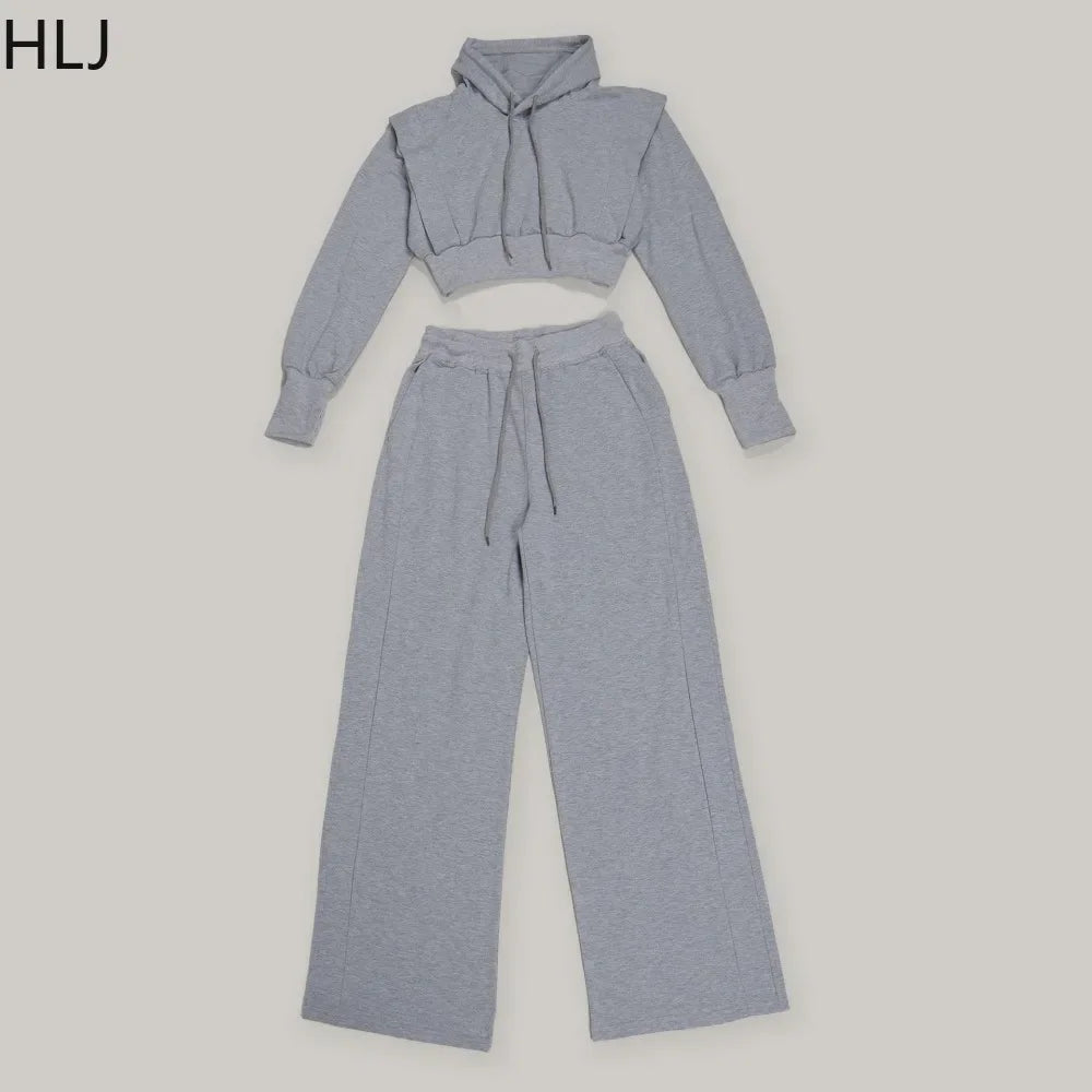 HLJ-Ensemble Deux Pièces Gris Décontracté pour Femme, Haut Court à Manches sulf, Pantalon à Jambes Larges, Survêtement Féminin