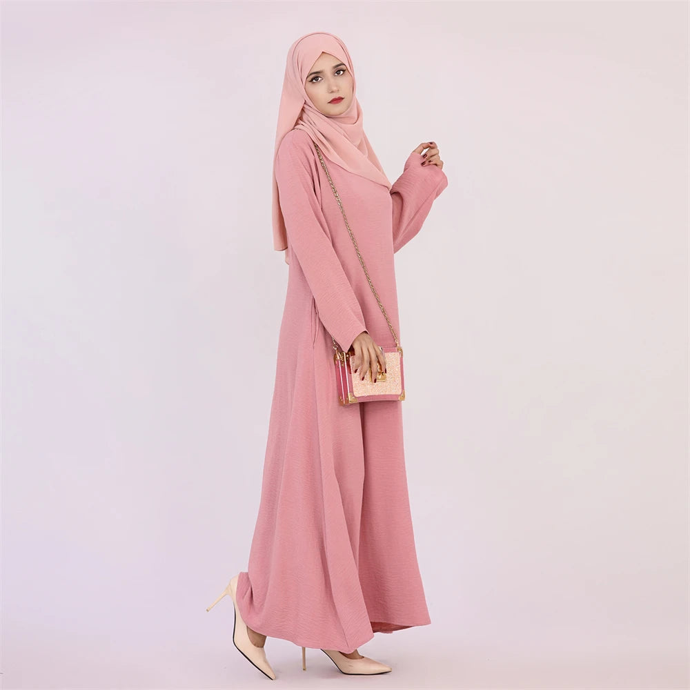Noir blanc rose solide dubaï modeste sous Robe Abaya Islam caftan musulman avec poches robes pour femmes Robe Femme Musulmane