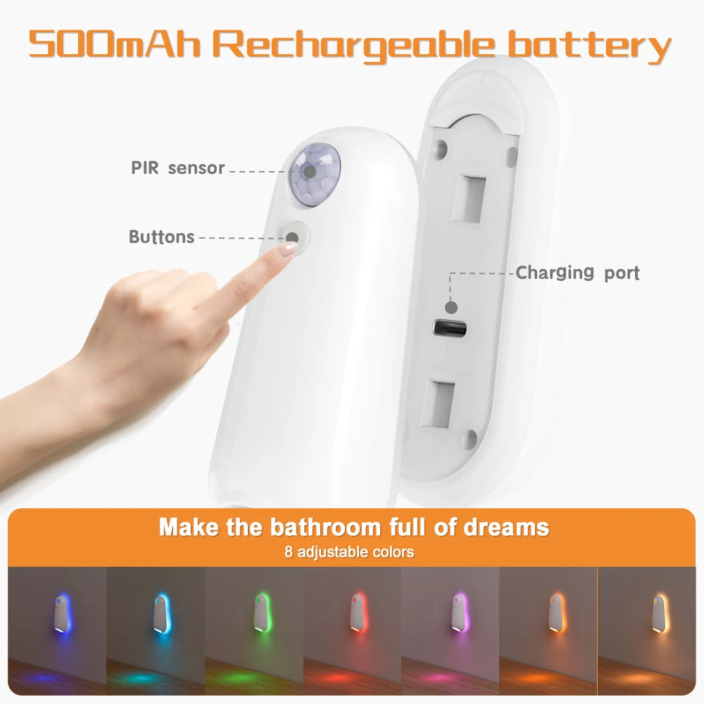 Capteur de mouvement intelligent veilleuse projecteur LED lumières de toilette USB Rechargeable lampe de pied colorée applique murale pour salle de bain couloir