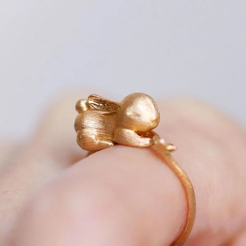 Ensemble de bijoux lapin mignon, boucles d'oreilles artisanales en or ancien mat pour femmes, bague, collier, cadeaux pour petite amie, nouveauté
