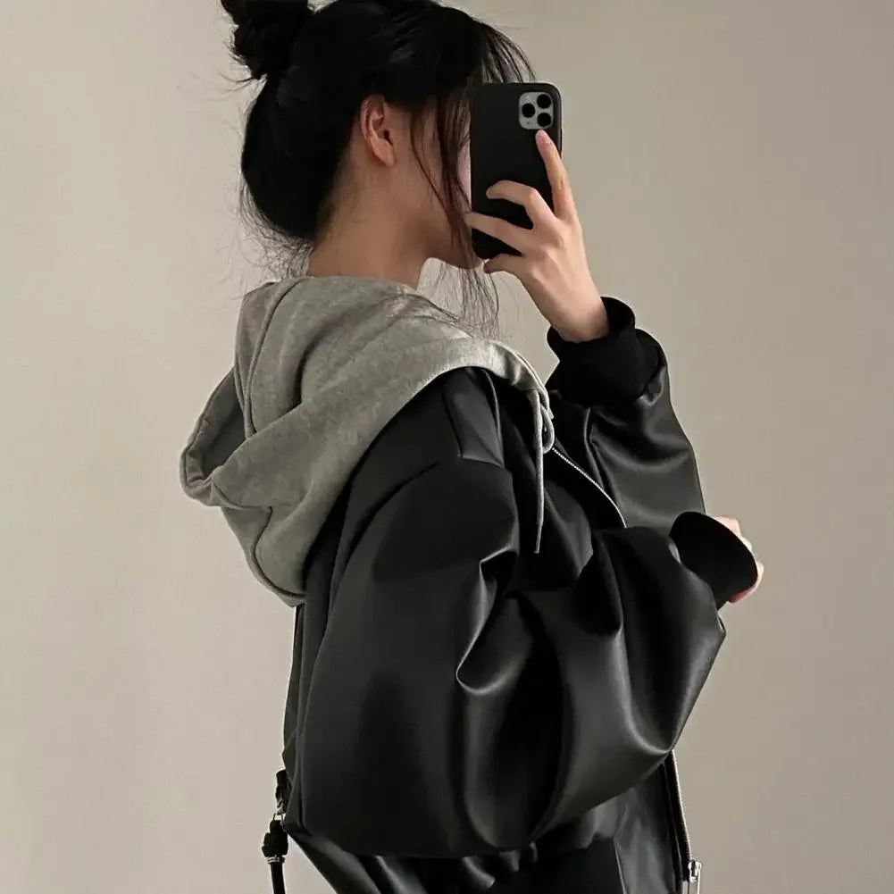 Women's Two-Piece PU Faux Leather Hooded Jacket, Short, Vintage, Casual, Fashionable, Spring/Autumn 2025