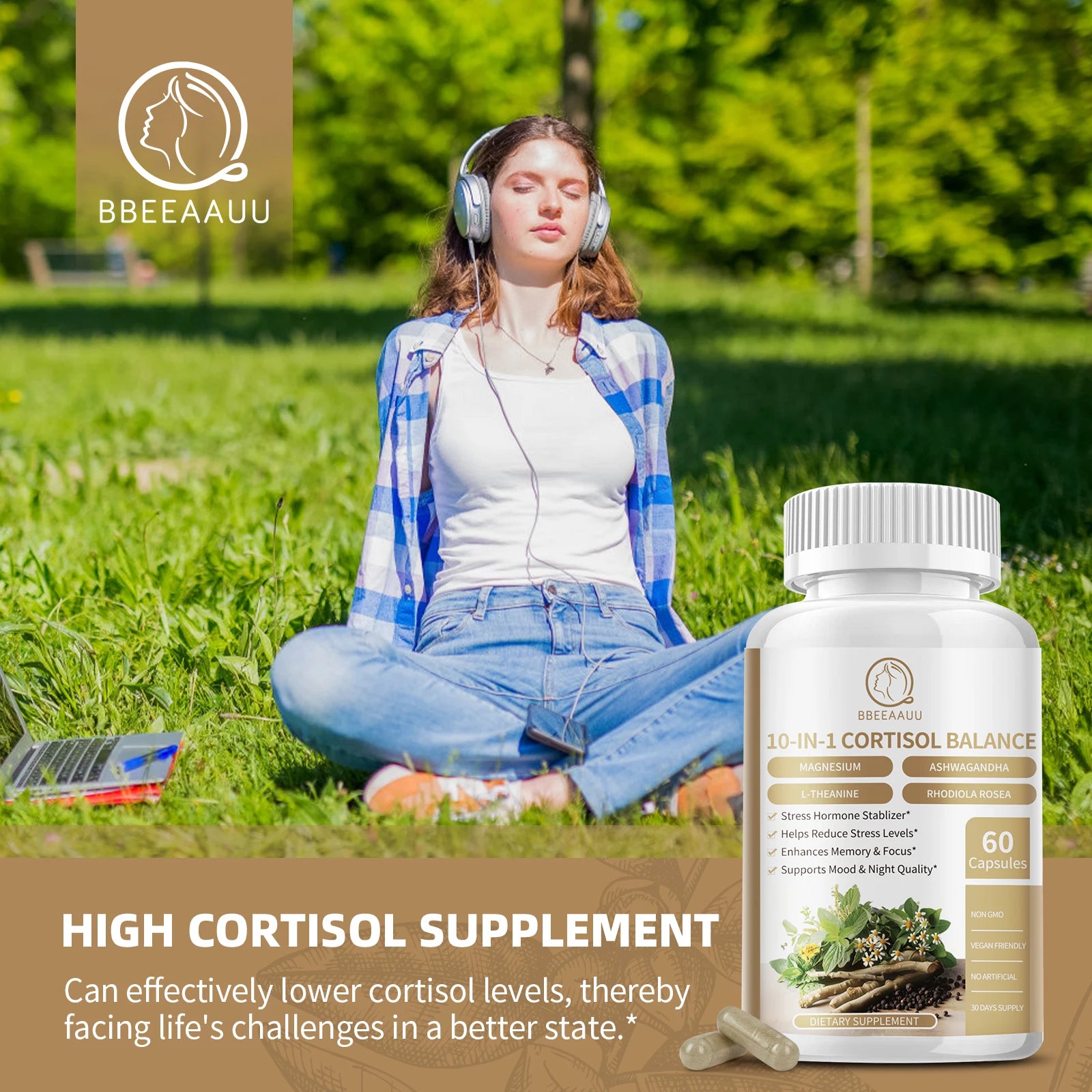 BBEEAAUU Agent de gestion des suppléments de Cortisol pour hommes et femmes Détox Niveaux de Cortisol bas et élevés, Relaxation et Support de nuit, Non OGM
