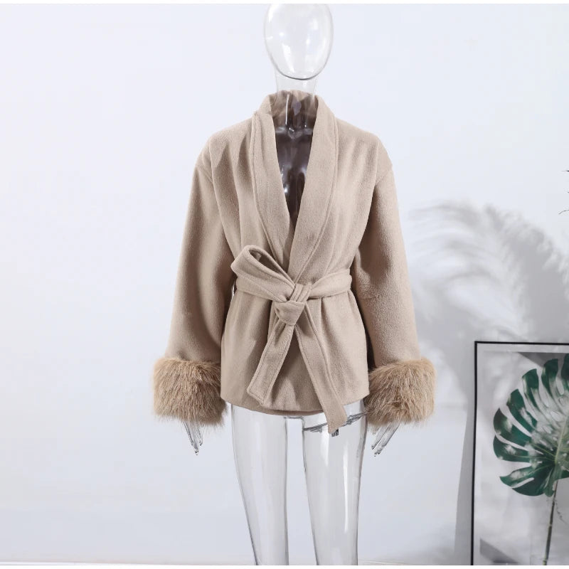 Manteau Long à lacets pour femme, manteau de bureau élégant en laine, fourrure, Patchwork, manches longues, vestes Cardigan amples, nouvelle collection 2025