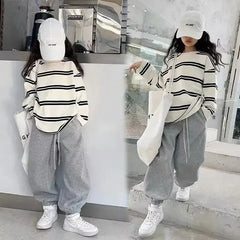 Ensemble de vêtements simples de Style coréen pour filles, 2 pièces, rayé à manches longues + pantalon ample, tenues pour adolescentes de 6 8 10 12 14 ans, 2025