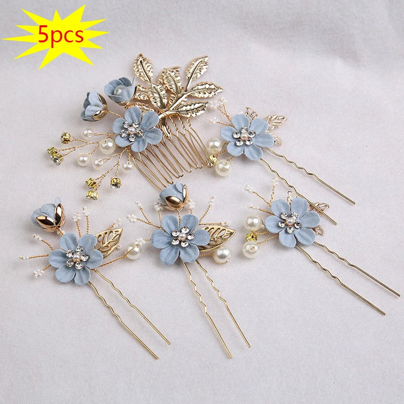 5 pièces/ensemble accessoires de cheveux de mariée pour femmes fleur perle casque diadème Barrette de mariage pince épingles à cheveux mariée peignes ornement
