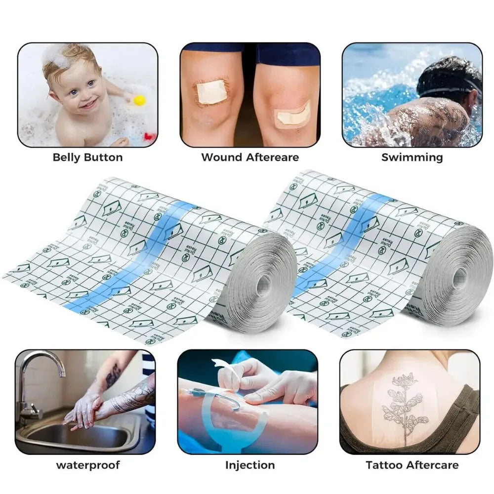 Waterproof PU film, adhesive bandage for aftercare, skin protection, healing, tattoo repair.