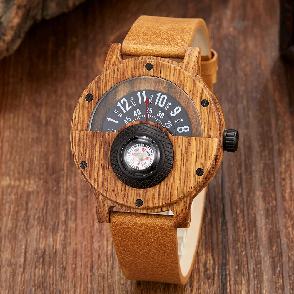 Montre en bois naturel pour hommes, Table rotative, cadran boussole, véritable bois de noyer, ébène, bambou, Concept marron, montre à Quartz