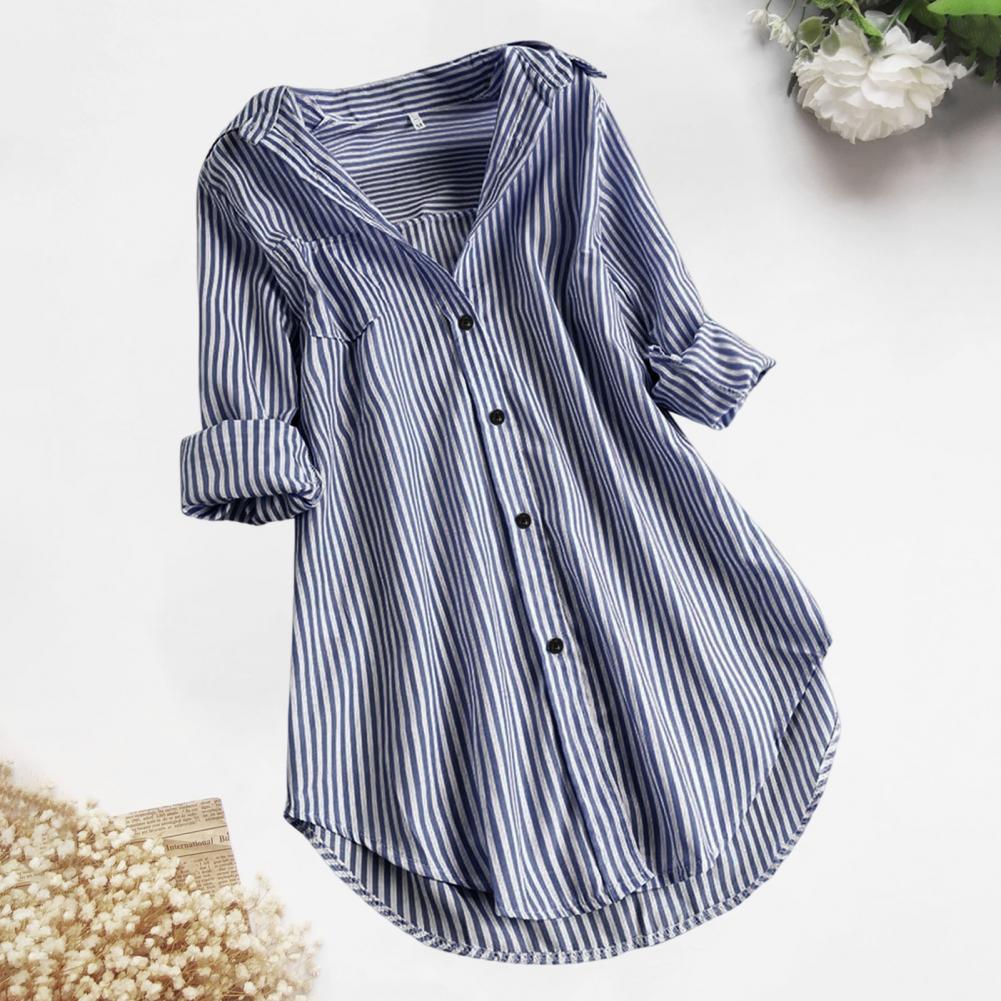 Chemisier Tunique Femme Rayé à Manches Longues Col V Mi-long Col Rabattu Coupe Ample Décontracté Élégant Été Tailles M-4XL
