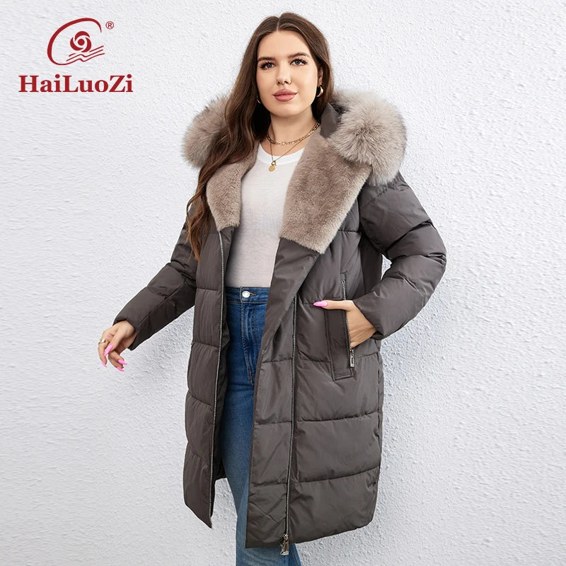 HaiLuoZi-Doudoune Longue en Coton pour Femme avec Ceinture en Fourrure, Manteau à Revers, Fermeture Éclair Indépendante, Vêtements d'Extérieur, Nouvelle Collection Hiver 2023, 1171