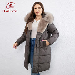 HaiLuoZi-Doudoune Longue en Coton pour Femme avec Ceinture en Fourrure, Manteau à Revers, Fermeture Éclair Indépendante, Vêtements d'Extérieur, Nouvelle Collection Hiver 2023, 1171
