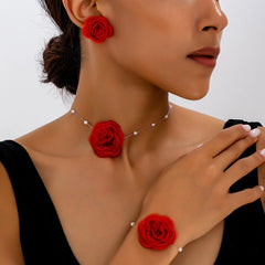 Ensemble de bijoux pour femmes, tissu élégant, fleur, Imitation de perles, collier, Bracelet, boucles d'oreilles, bijoux bohème pour usage quotidien et vacances