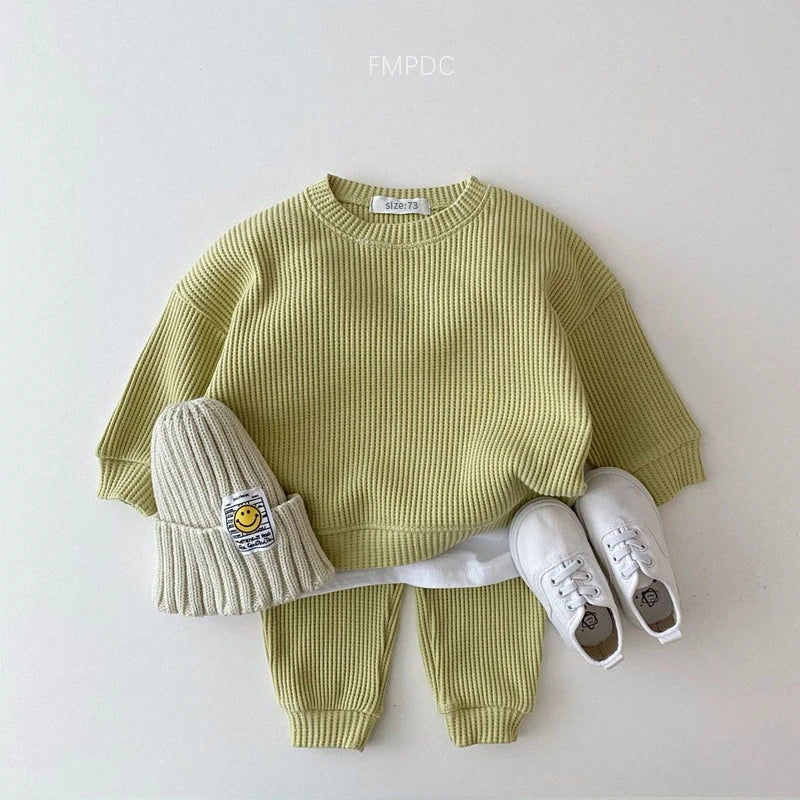 Ensemble de vêtements coréens pour bébés garçons, faux deux pièces en coton gaufré + pantalon, tenue 2 pièces, 2023