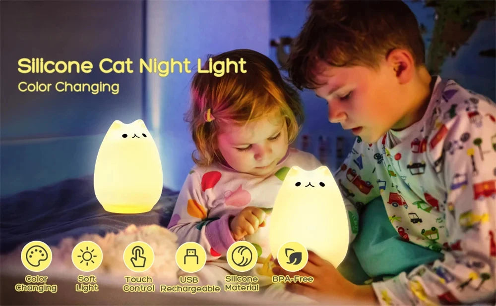 Veilleuse chat pour enfants lampe de nuit mignonne pour pépinière Squishy Silicone chat tactile lumières Portable cadeau pour enfants bébé enfants