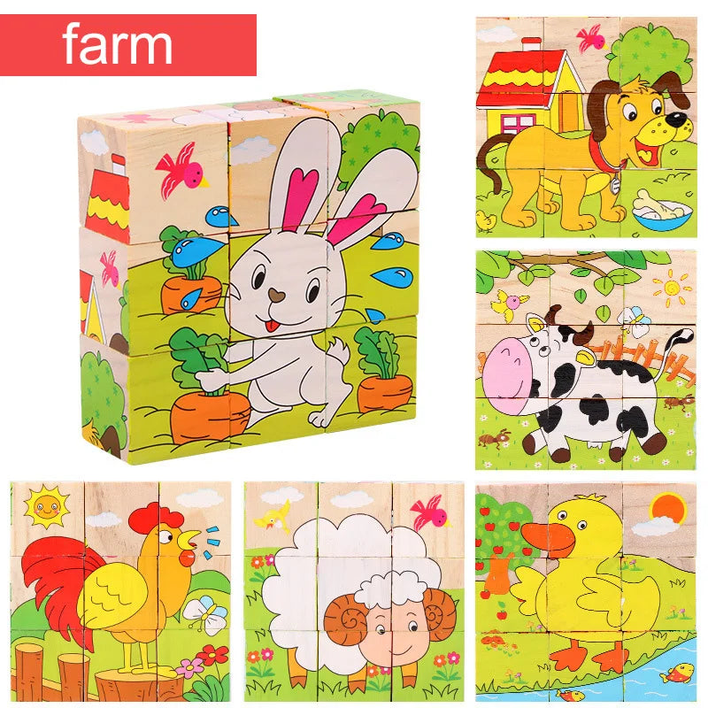 Puzzle en bois peint sur Six côtés, blocs de construction d'animaux de la circulation tridimensionnels, jouets d'éducation précoce Montessori TMZ